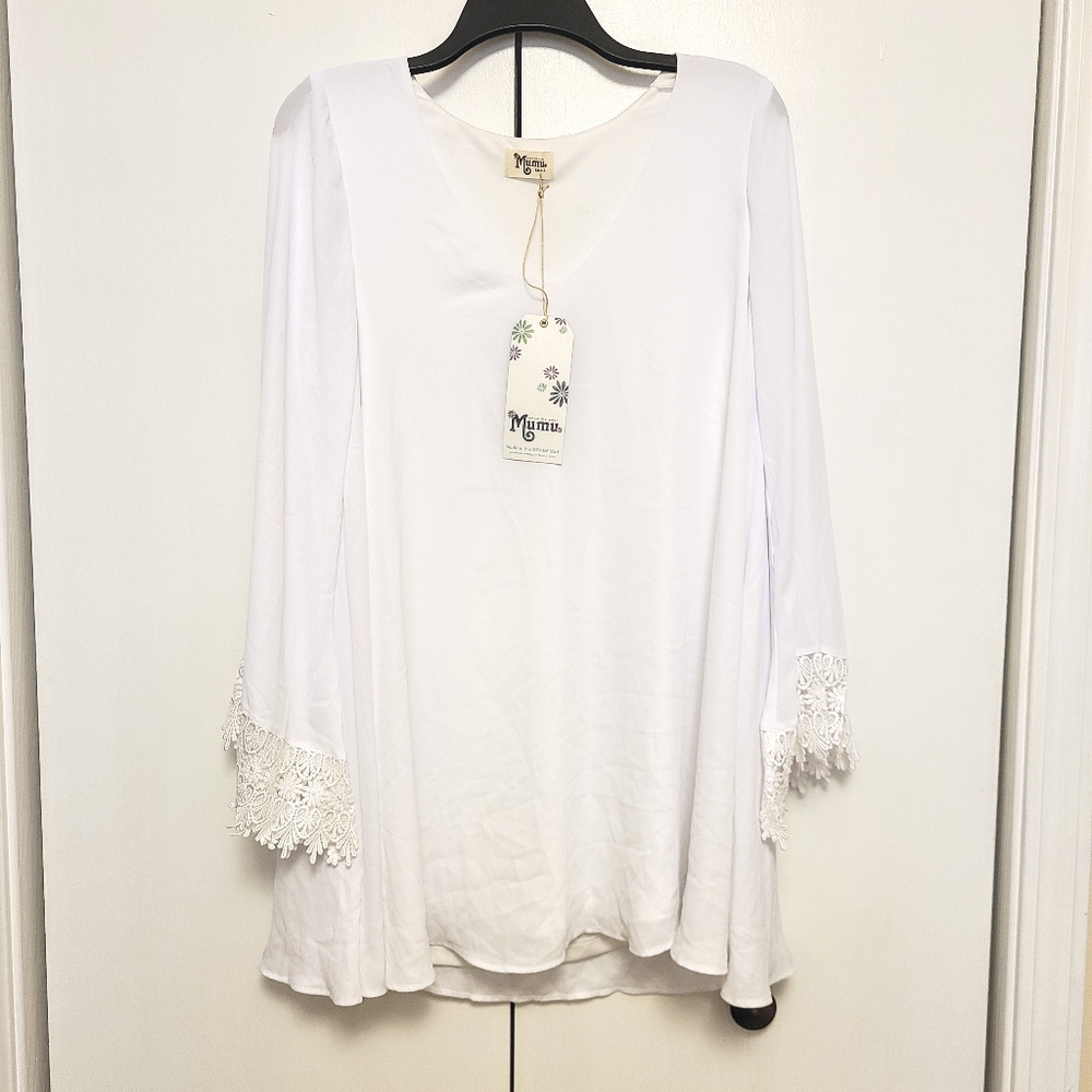 NWT Show Me Your MuMu Portabella in Crisp White Mini Dress w/ Lacy Bell Sleeves - Picture 3 of 9